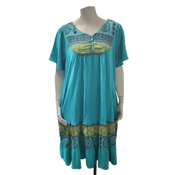 National Dresses | Womens Crinkle Boho Style Dress Size S M Lightweight Midi Hippie Beach Coverup | Color: Blue/Green | Size: Small, Medium, PM |